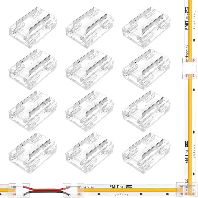 EMITEVER ​ 8-in-1 LED Strip Connectors 12pcs, 2 Pin 10mm COB Tape Lights Terminal Connectors 8 Types Solderless Transparent Connection for​ 5V 12V 24V（Straight, Corner, Strip to Strip, Strip to Wire） - Image 1